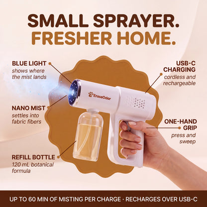EraseOdor cordless sprayer in hand: blue light, nano mist, 120 mL refill bottle, USB-C charging and one-hand grip