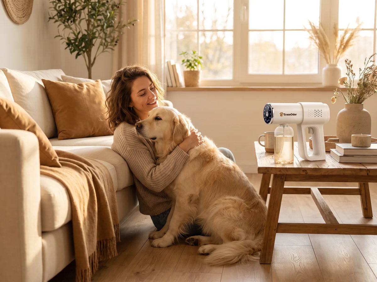 Pet owner hugging her golden retriever, with the EraseOdor sprayer on the coffee table