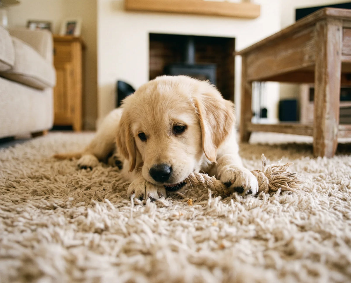 Golden retriever puppy lying on a thick carpet where pet smells settle