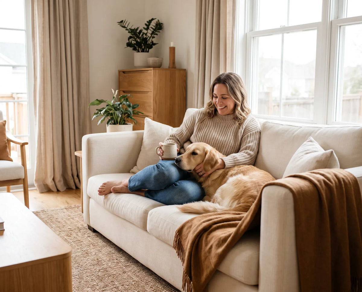 Woman relaxing on a fresh couch with her golden retriever