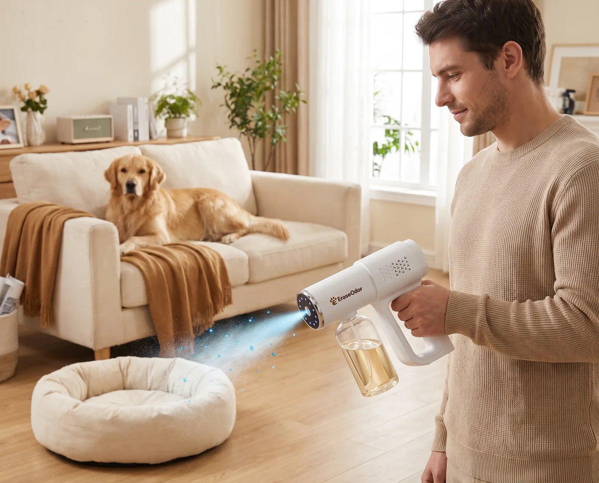 Man misting a dog bed with the EraseOdor sprayer