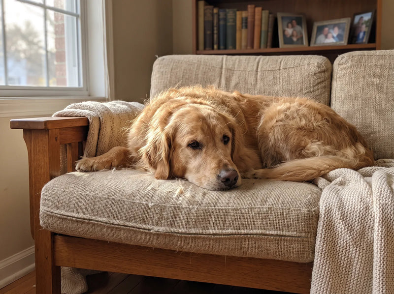 Golden retriever lying on a worn fabric couch cushion