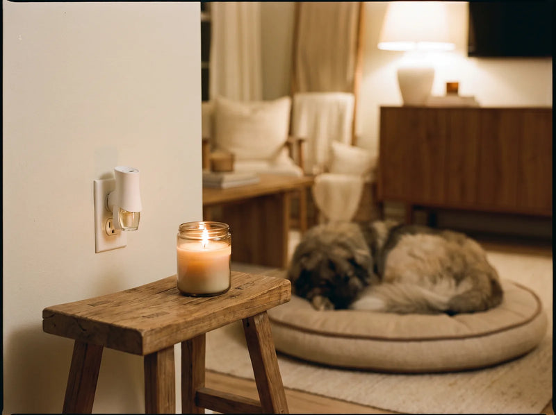 Plug-in air freshener and scented candle next to a sleeping dog