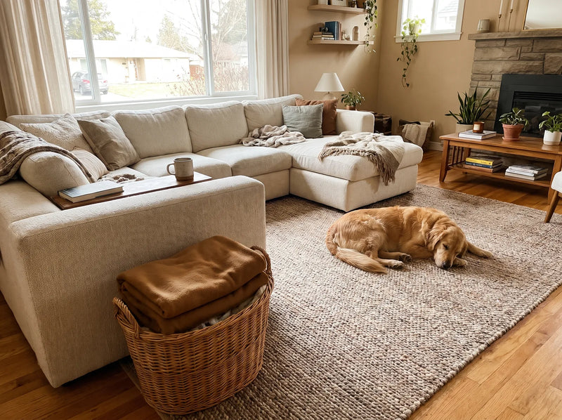 Living room with a big couch and rug that can't go in the washer