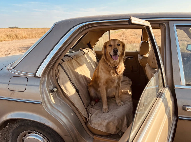 Golden retriever on a car back seat cover