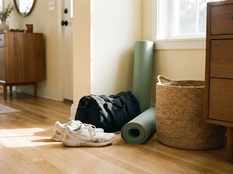 Sneakers, gym bag and yoga mat by the door