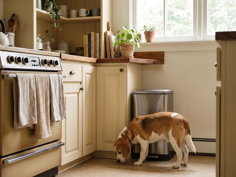 Kitchen trash bin with a beagle sniffing nearby