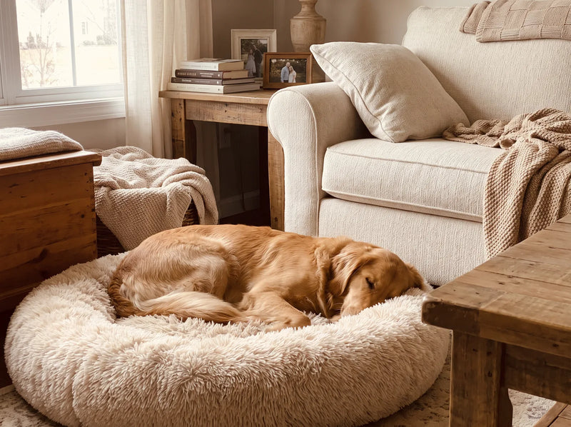 Golden retriever asleep on a pet bed beside the couch