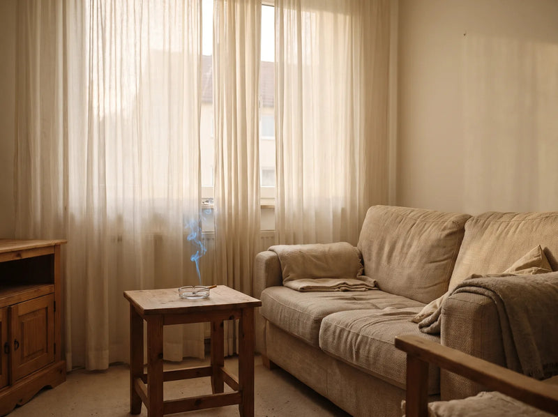 Living room curtains and couch near a smoking ashtray
